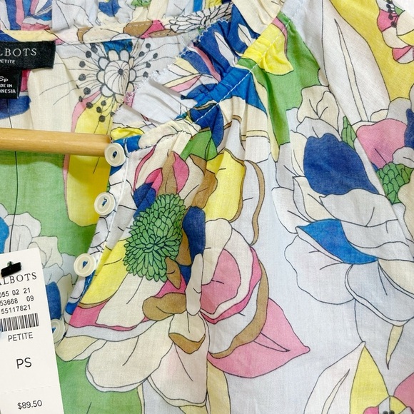 Talbots Blouse Ruffle S Trim Popover Top Colorful Floral Cotton Long Sleeve NWT - Picture 8 of 9